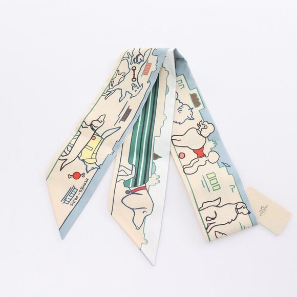 HERMES Twilly LES CHIENS PARISIENS Ribbon long Scalf H064116S silk Multicolor - Picture 1 of 6